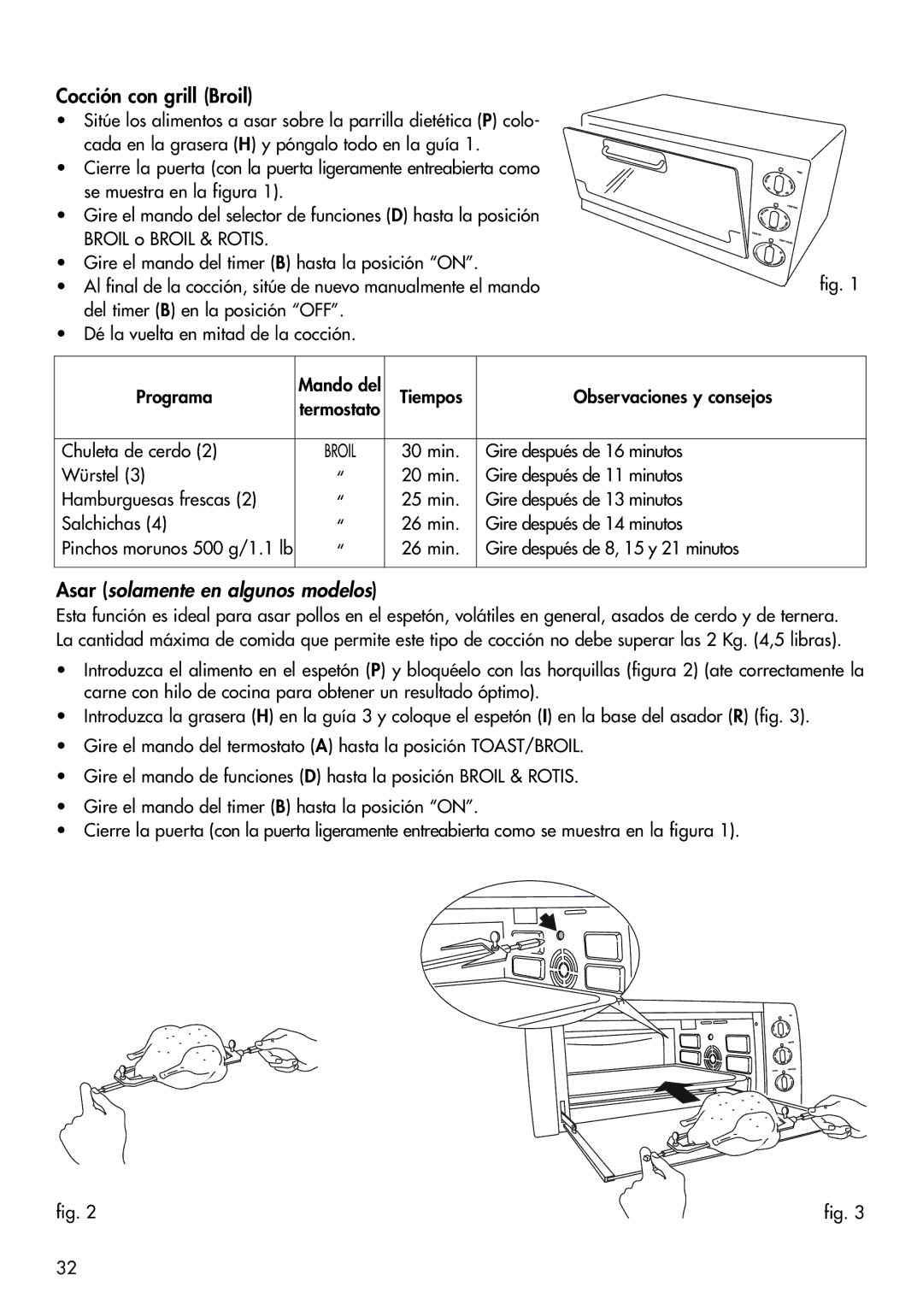 DeLonghi RO2050, RO2058, EO 2060 manual Cocción con grill Broil, Asar solamente en algunos modelos 