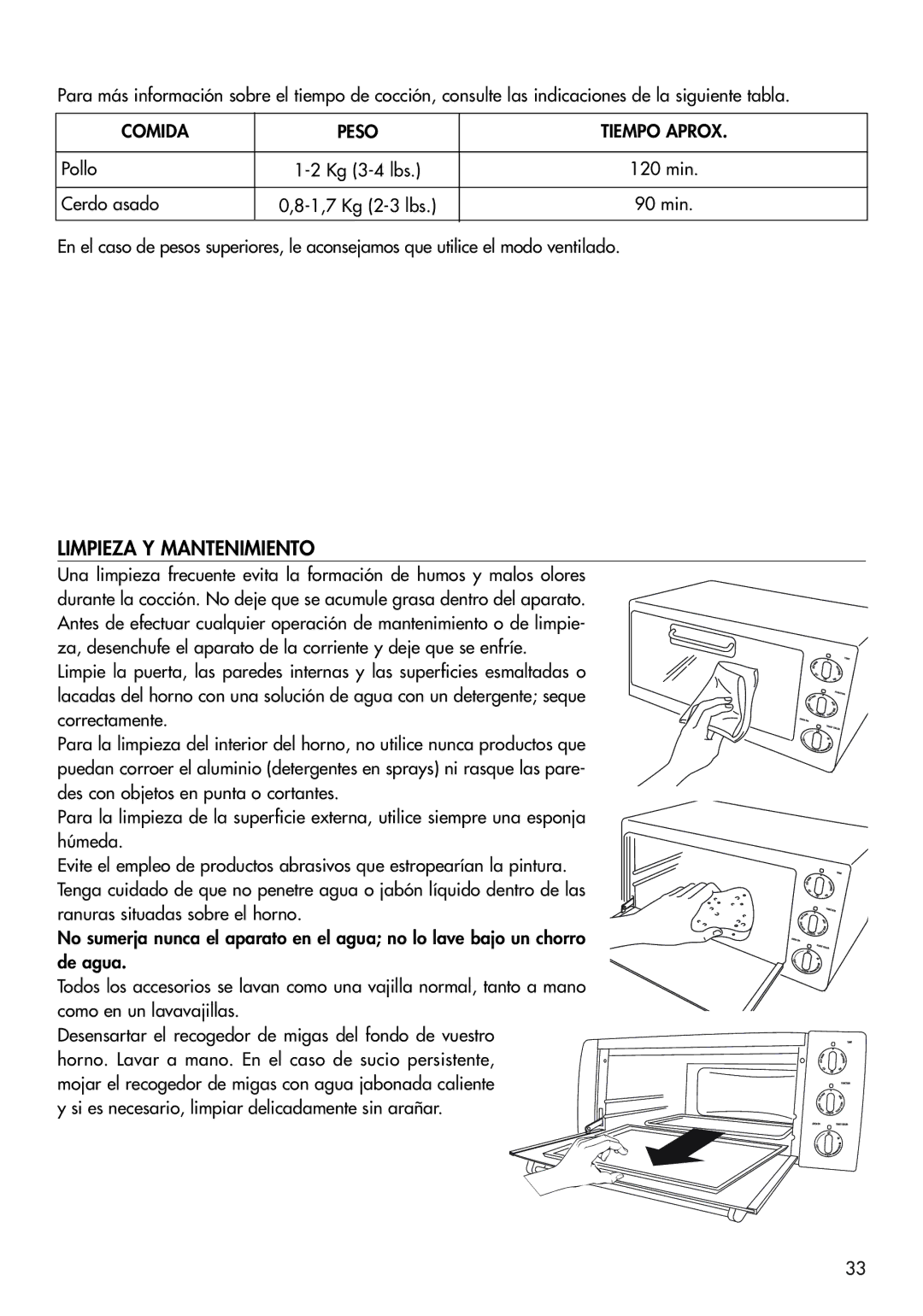 DeLonghi RO2058, RO2050, EO 2060 manual Limpieza Y Mantenimiento, Comida Peso Tiempo Aprox 