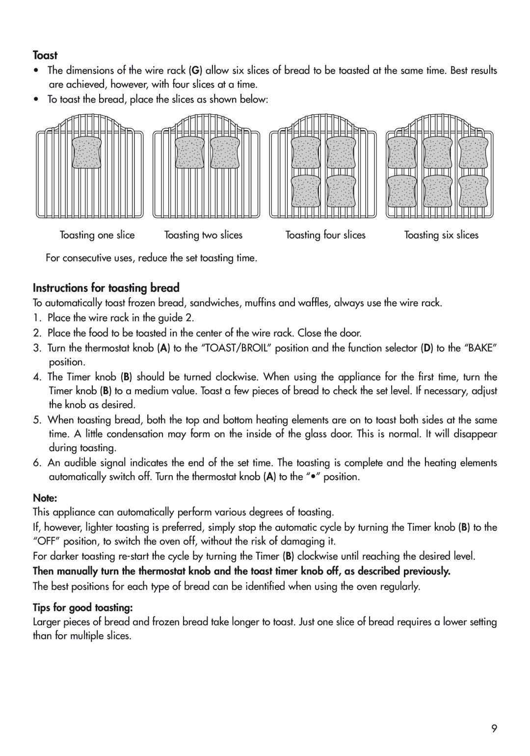 DeLonghi RO2050, RO2058, EO 2060 manual Toast, Instructions for toasting bread 