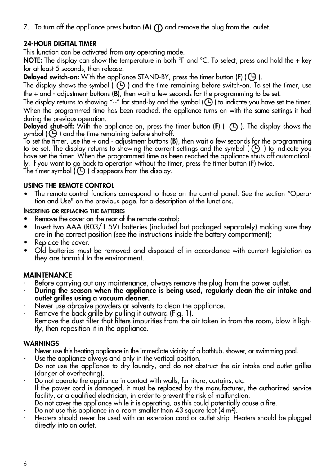 DeLonghi TCH 7590-8590 manual Maintenance, Hour Digital Timer, Using the Remote Control 