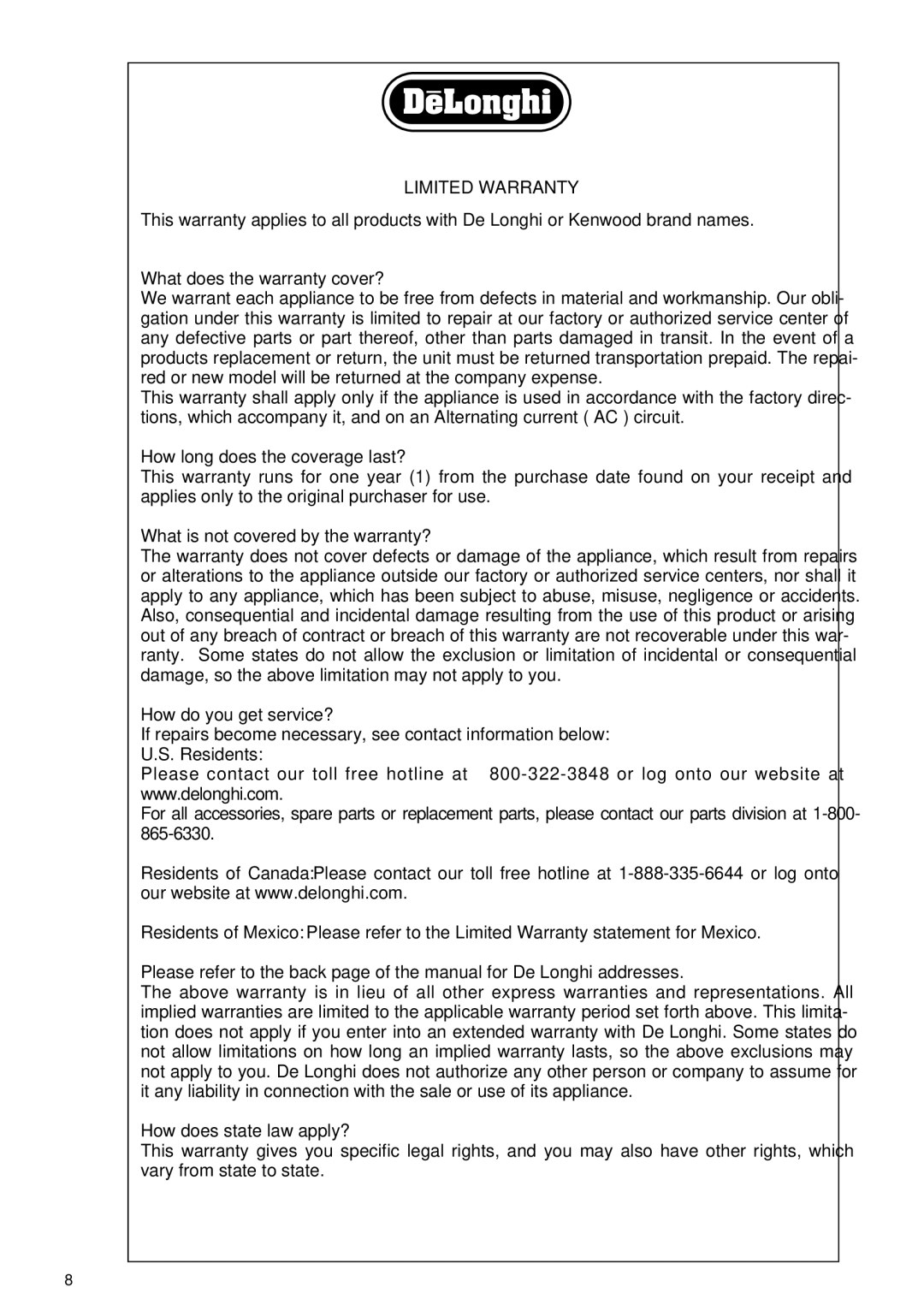 DeLonghi TCH 7590-8590 manual Limited Warranty 