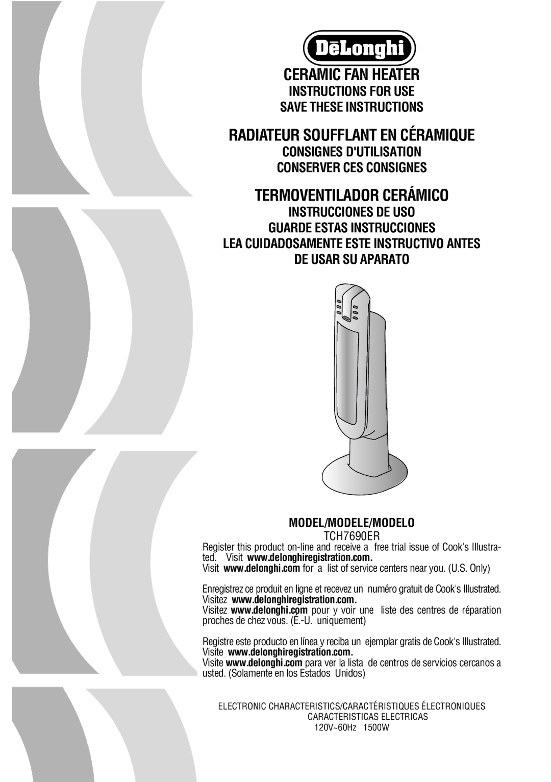 DeLonghi TCH7690ER manual Termoventilador Cerámico, Model/Modele/Modelo 