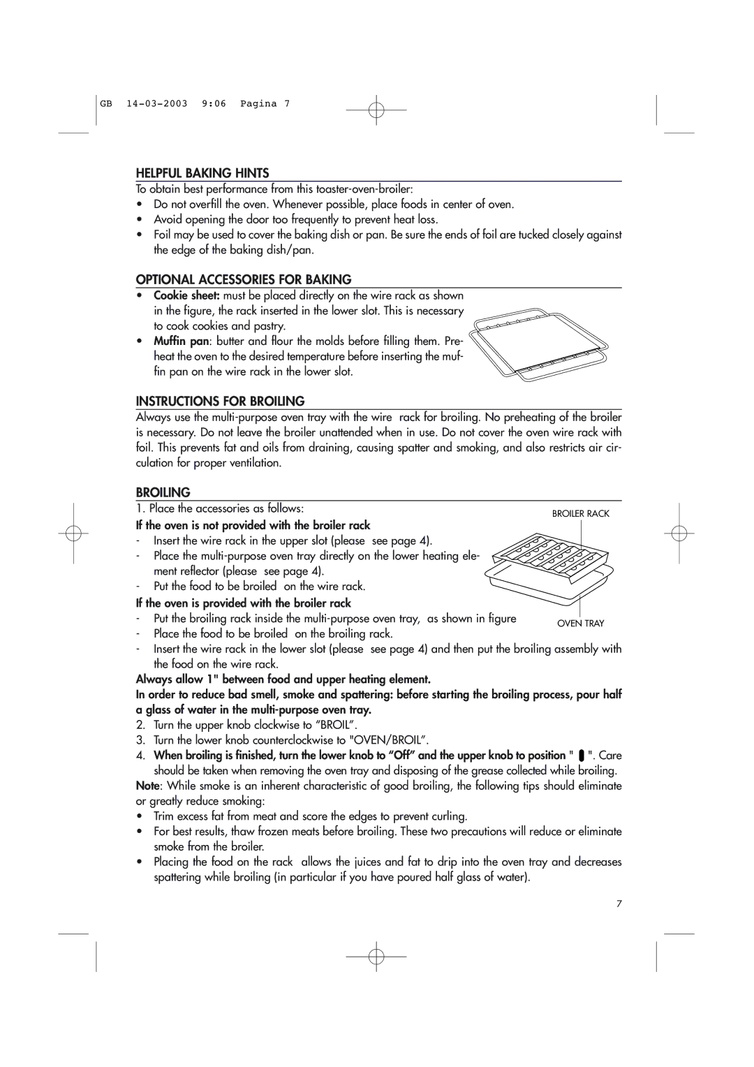 DeLonghi Toaster-Oven-Broiler manual Helpful Baking Hints, Optional Accessories for Baking, Instructions for Broiling 