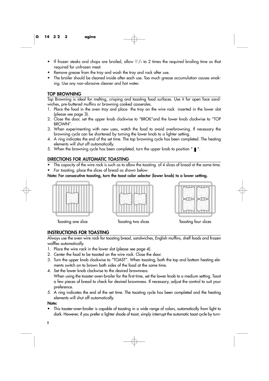 DeLonghi Toaster-Oven-Broiler manual TOP Browning, Directions for Automatic Toasting, Instructions for Toasting 