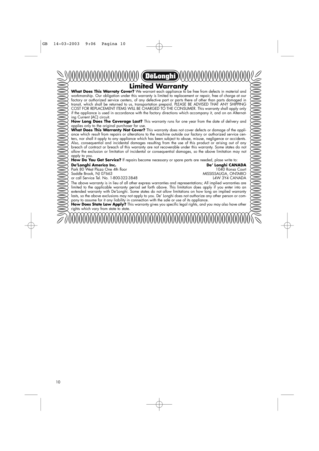 DeLonghi Toaster-Oven-Broiler manual Limited Warranty, GB 14-03-20039 06 Pagina, De’Longhi America Inc, De’ Longhi CANADA 