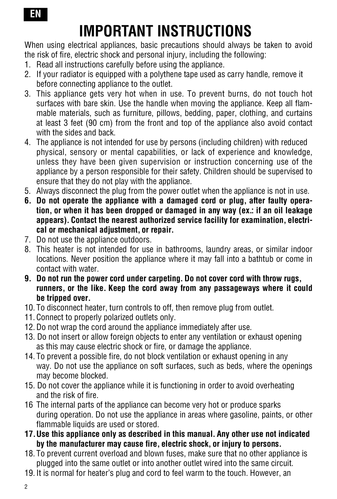 DeLonghi TRH0715SH manual Important Instructions 