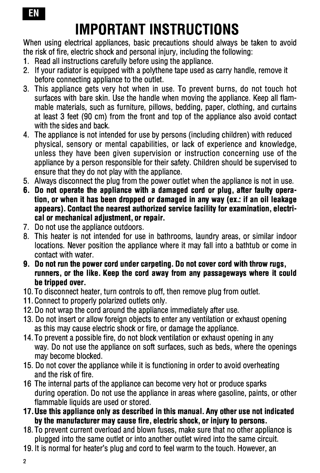 DeLonghi TRH0715SH manual Important Instructions 