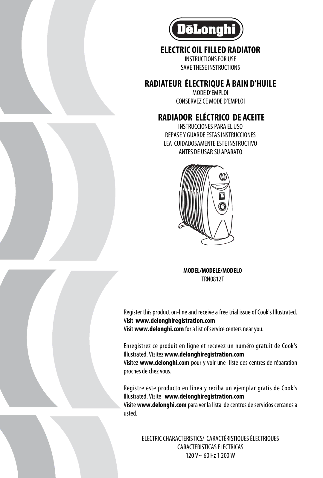 DeLonghi TRN0812T manual Electric OIL Filled Radiator, Radiador Eléctrico DE Aceite 