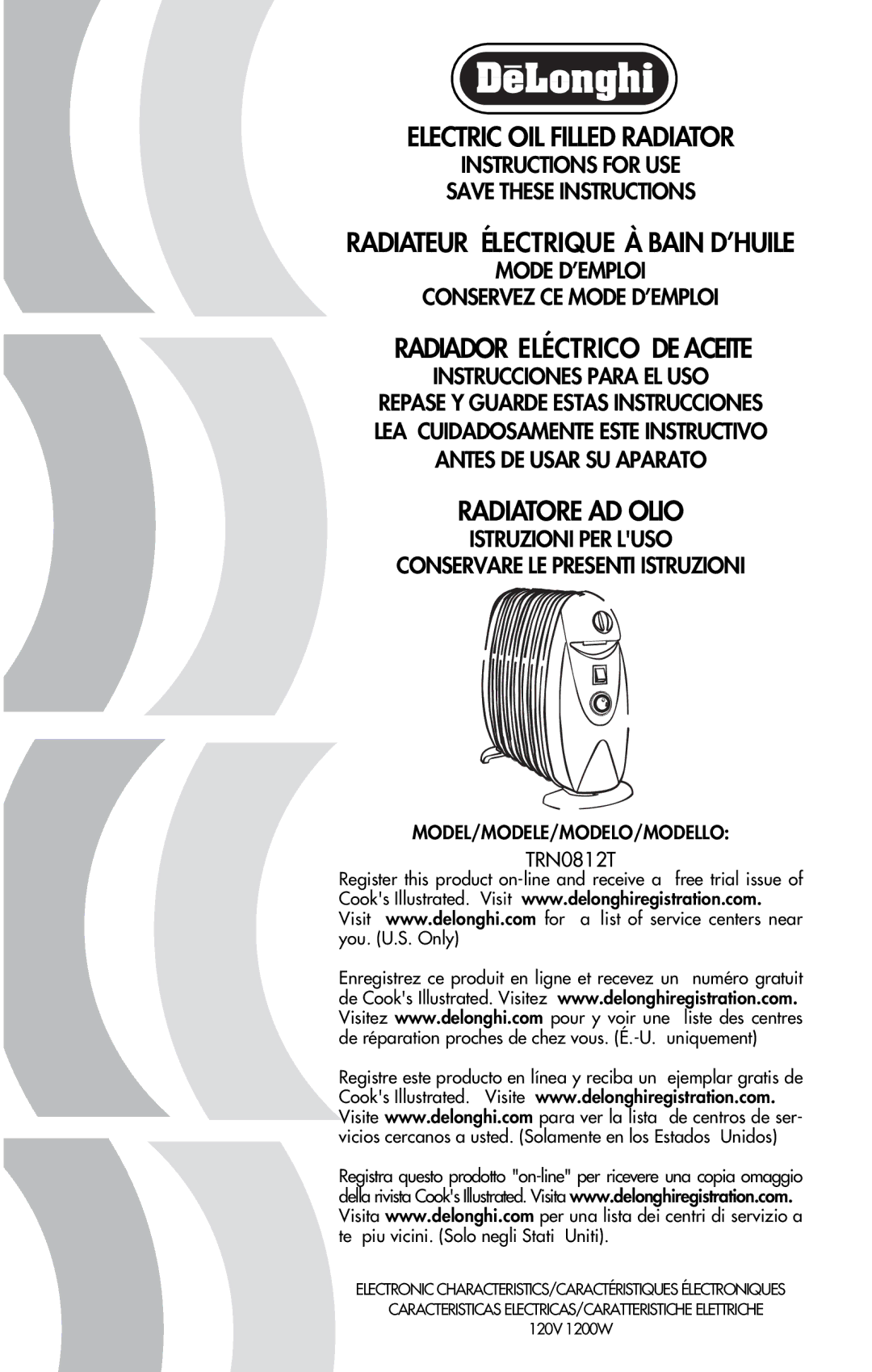 DeLonghi TRN0812T manual Model/Modele/Modelo/Modello 