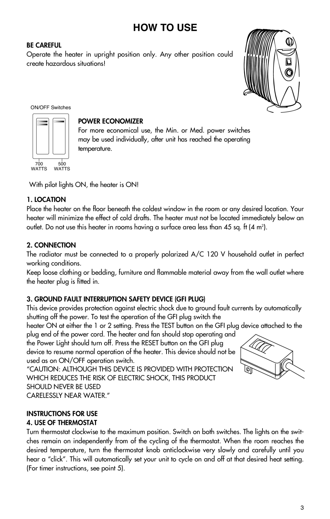 DeLonghi TRN0812T Be Careful, Power Economizer, Location, Connection, Ground Fault Interruption Safety Device GFI Plug 