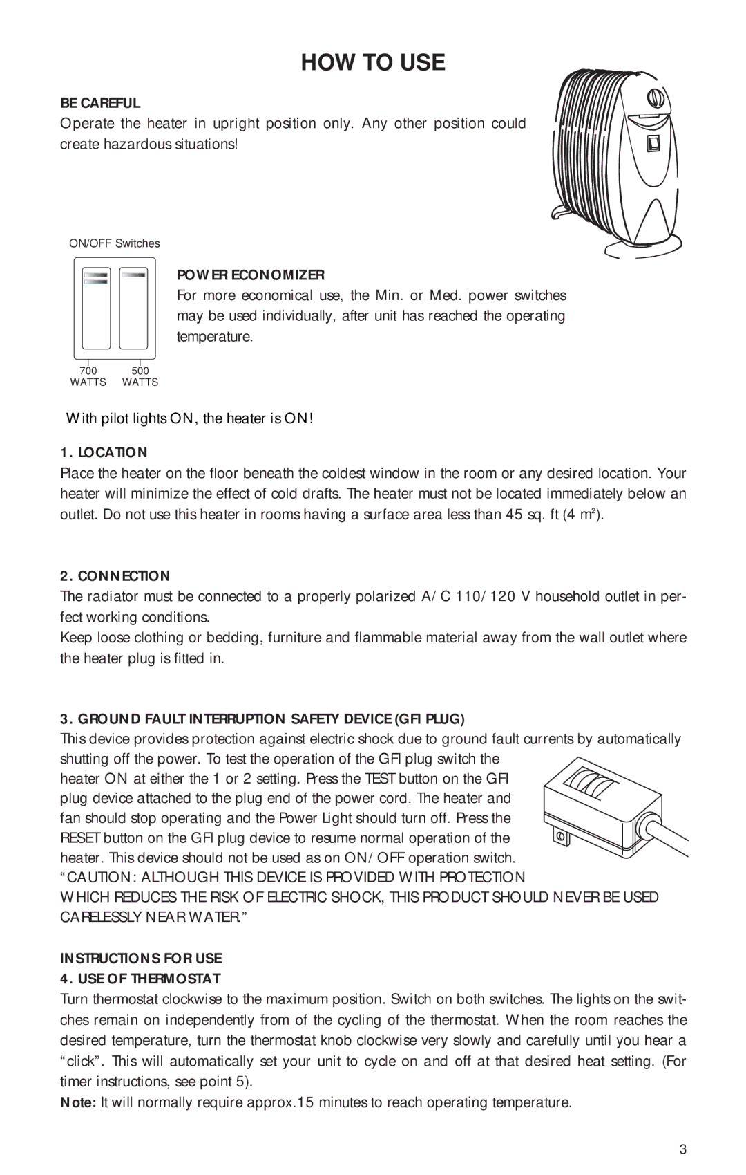 DeLonghi TRN0812T Be Careful, Power Economizer, Location, Connection, Ground Fault Interruption Safety Device GFI Plug 