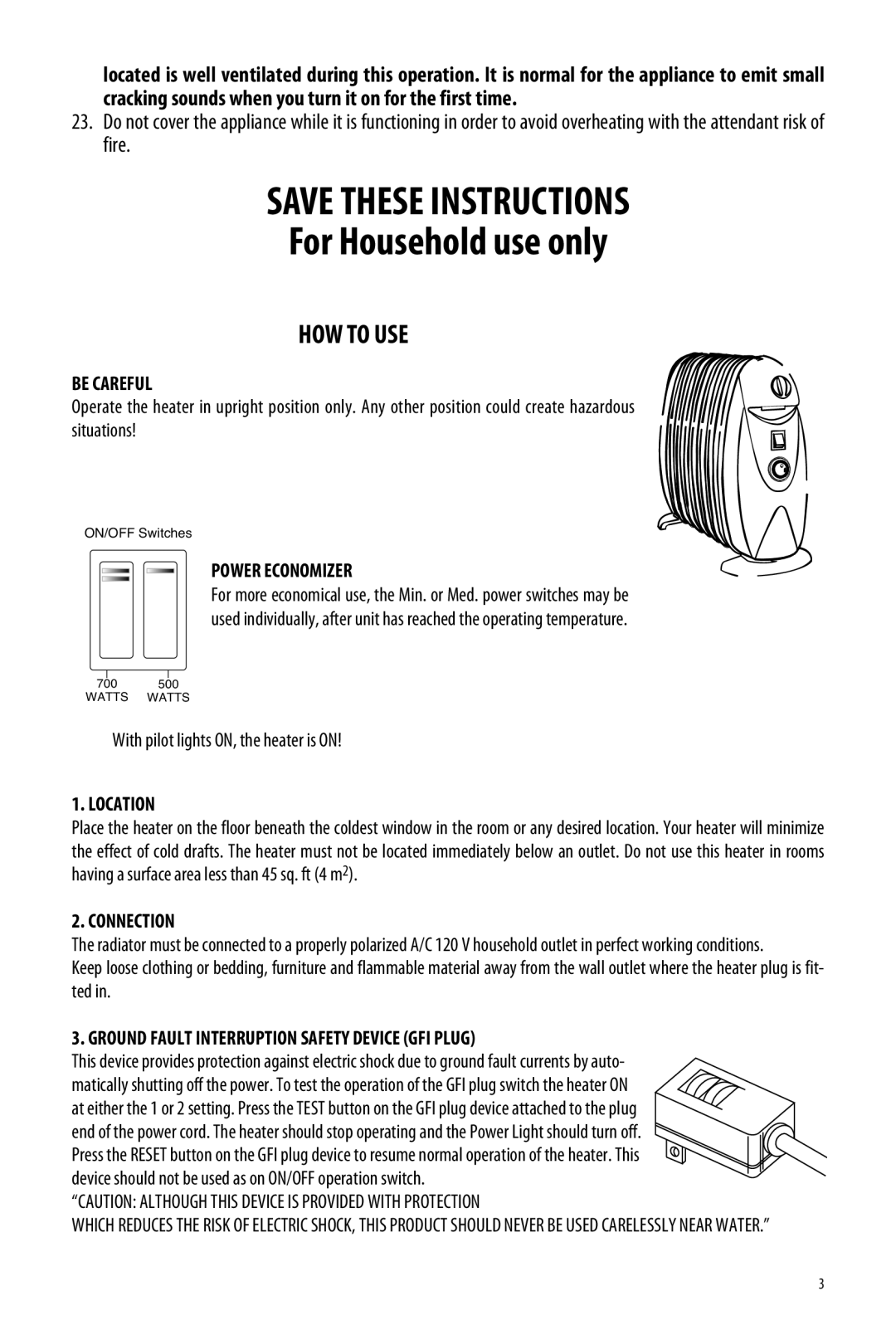 DeLonghi TRN0812T manual SAVE THESE INSTRUCTIONS For Household use only, How To Use, Be Careful, Power Economizer, Location 