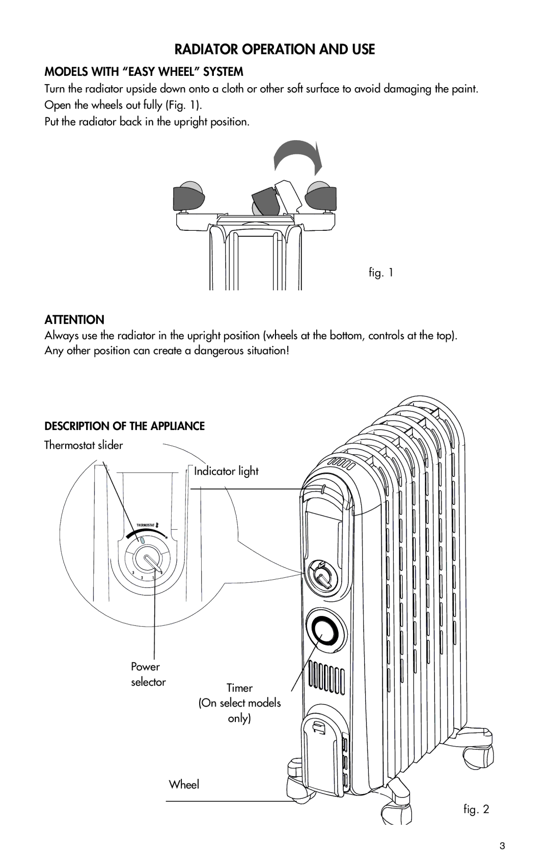 DeLonghi TRV0715T manual Radiator Operation and USE, Models with Easy Wheel System, Description of the Appliance 