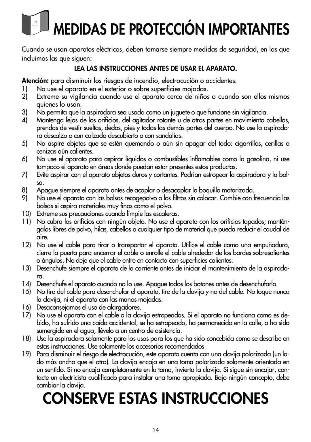 DeLonghi Upright Vacuum Cleaner manual Medidas DE Protección Importantes, LEA LAS Instrucciones Antes DE Usar EL Aparato 