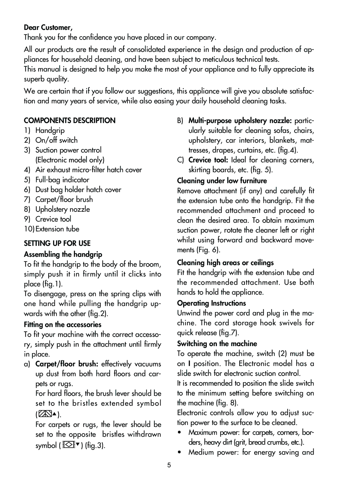 DeLonghi Upright Vacuum Cleaner manual Components Description, Handgrip On/off switch, Setting UP for USE, Symbol 