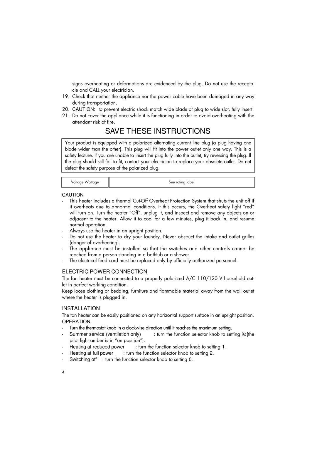 DeLonghi Utility Heater manual Electric Power Connection, Installation 