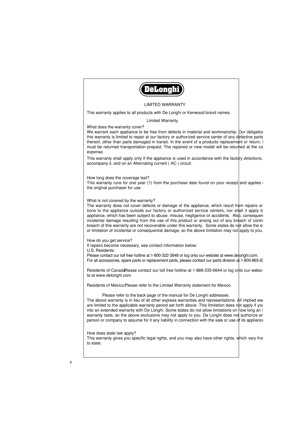 DeLonghi Utility Heater manual Limited Warranty 