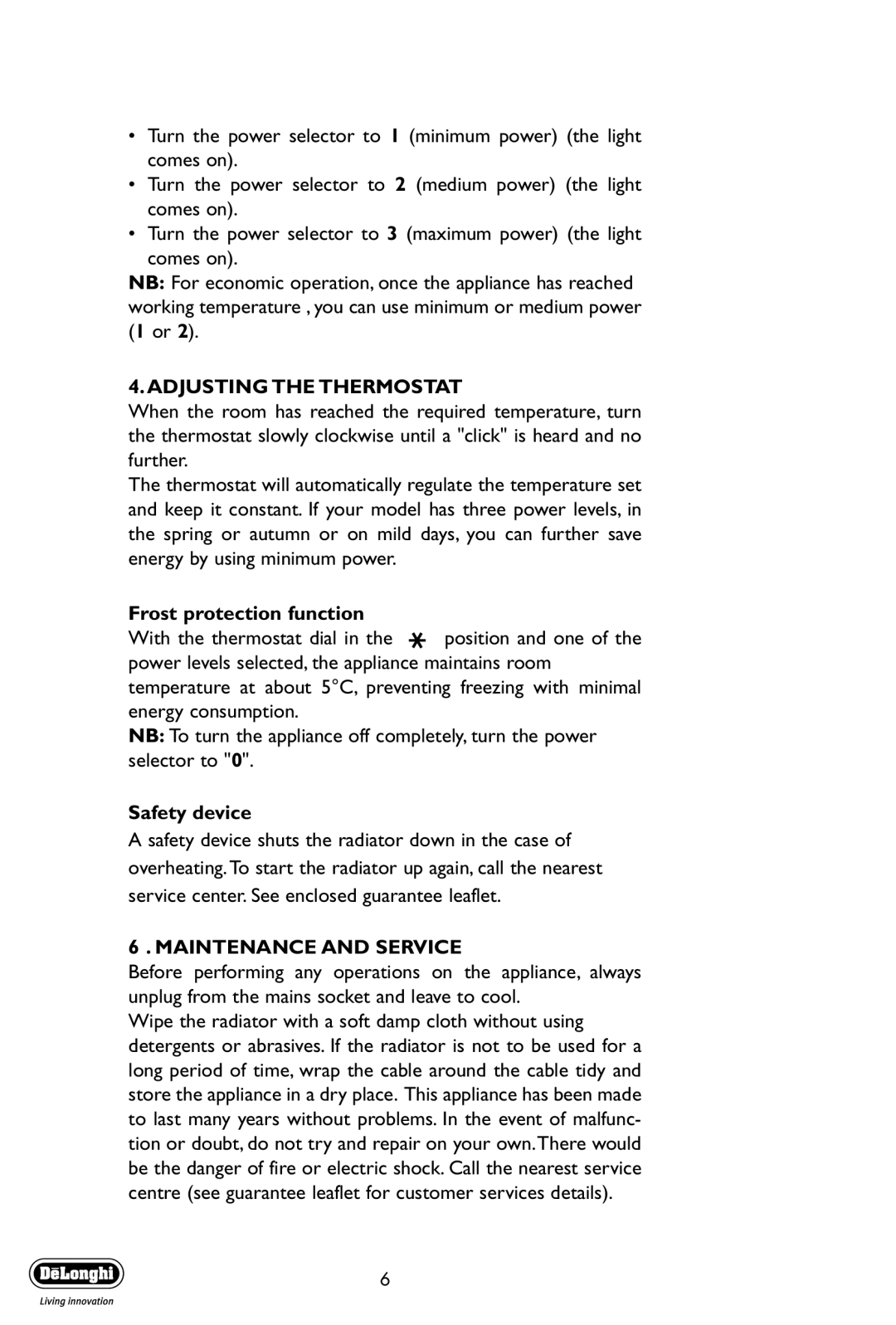 DeLonghi V551225, V550920, V550715 manual Adjusting the Thermostat, Maintenance and Service 