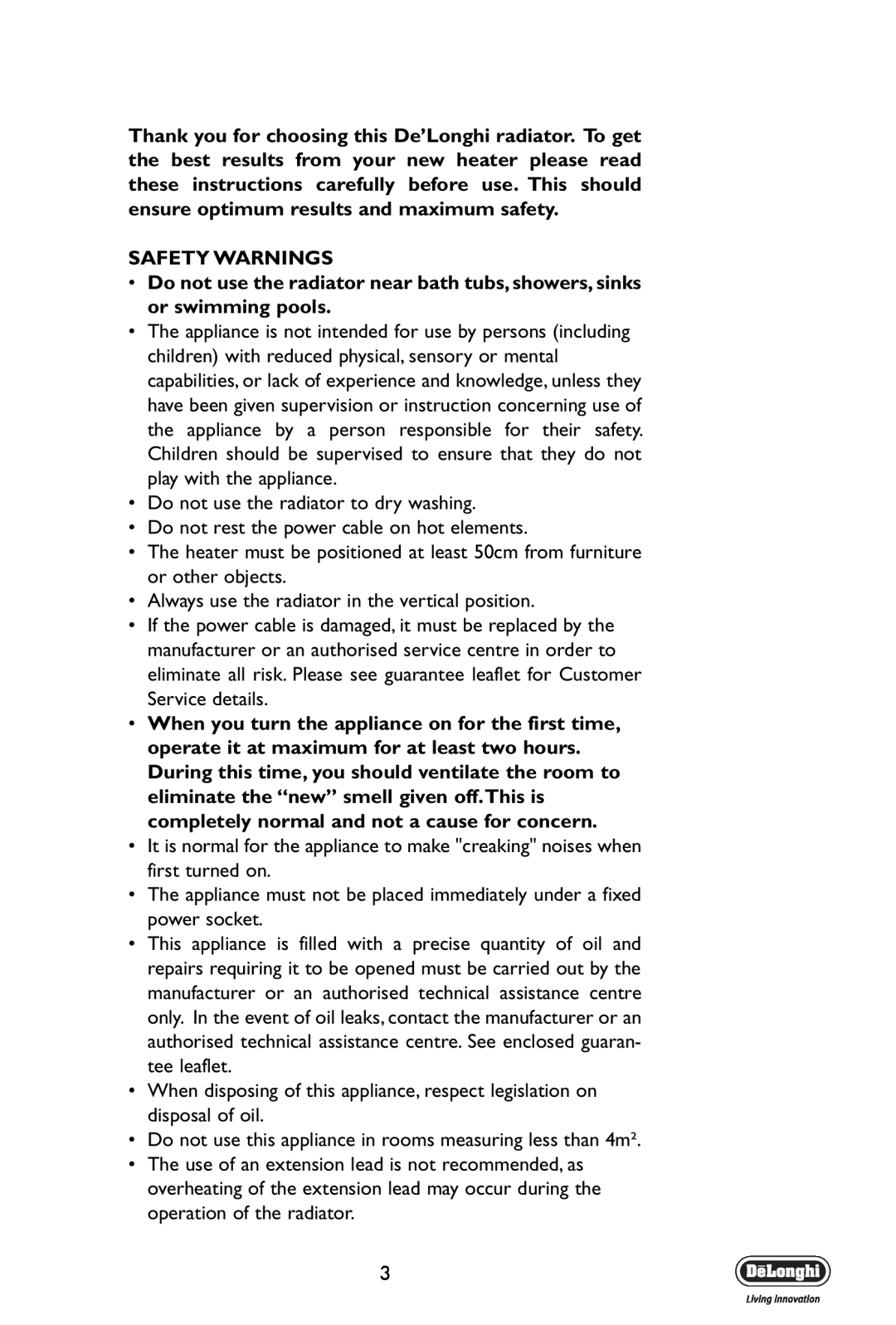 DeLonghi V551225, V550920, V550715 manual Safety Warnings 