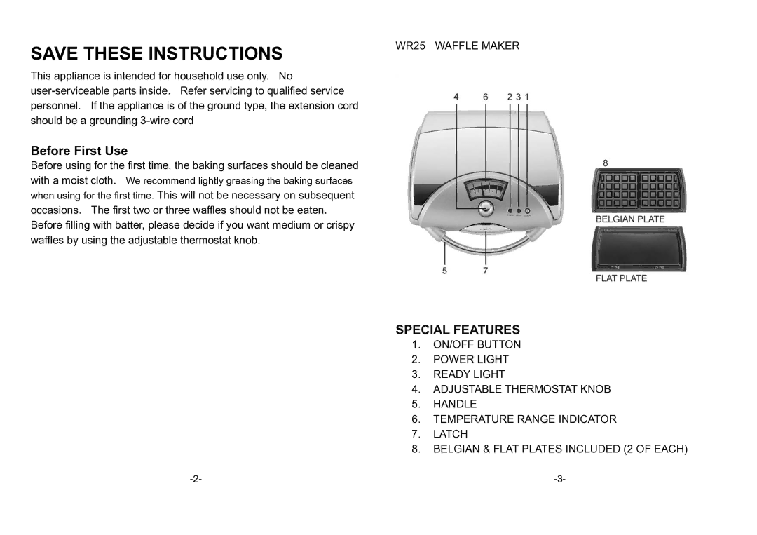 DeLonghi W45, W25 manual Before First Use, WR25 Waffle Maker 