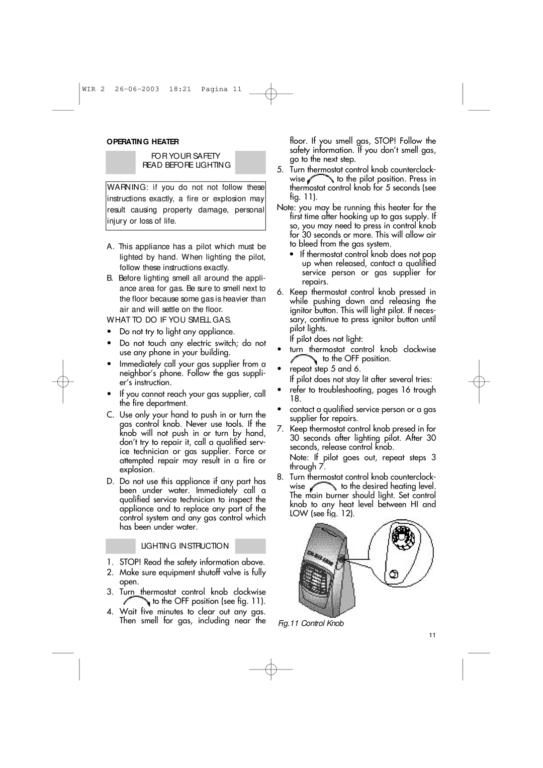 DeLonghi WIR2, WIR1 manual Operating Heater For Your Safety Read Before Lighting, Lighting Instruction 