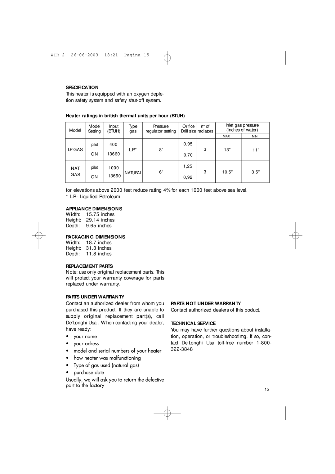 DeLonghi WIR2, WIR1 Specification, Appliance Dimensions, Packaging Dimensions, Replacement Parts, Parts Under Warranty 