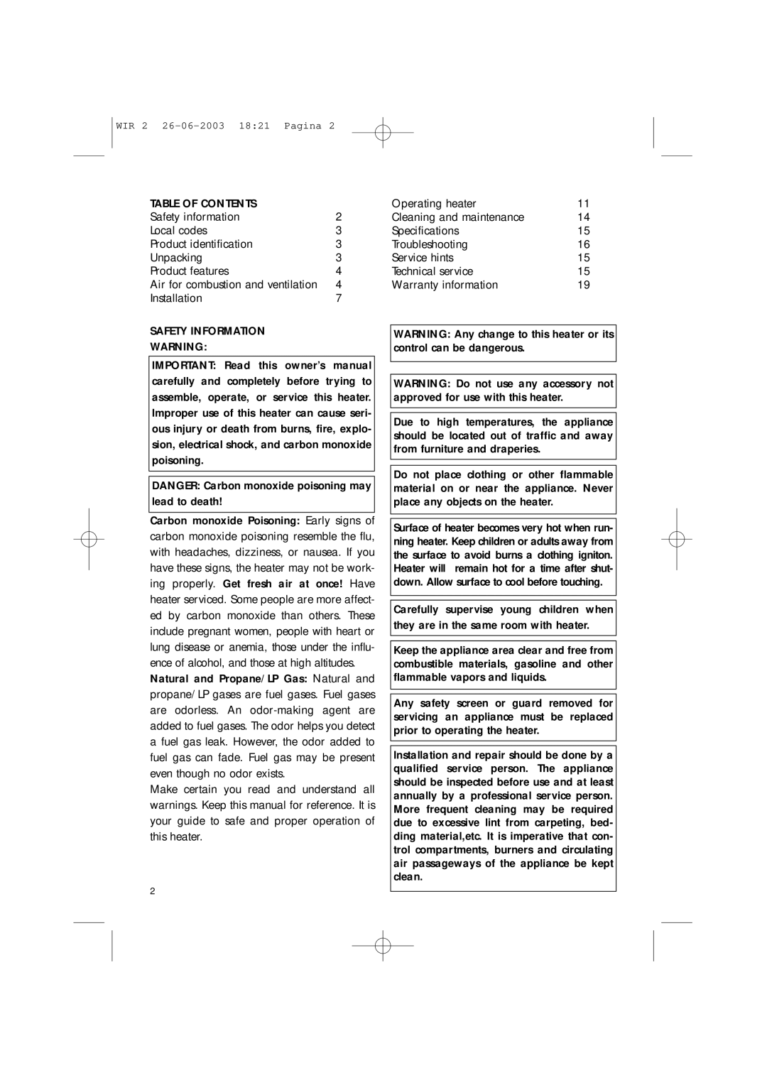 DeLonghi WIR1, WIR2 manual Table of Contents, Safety Information 