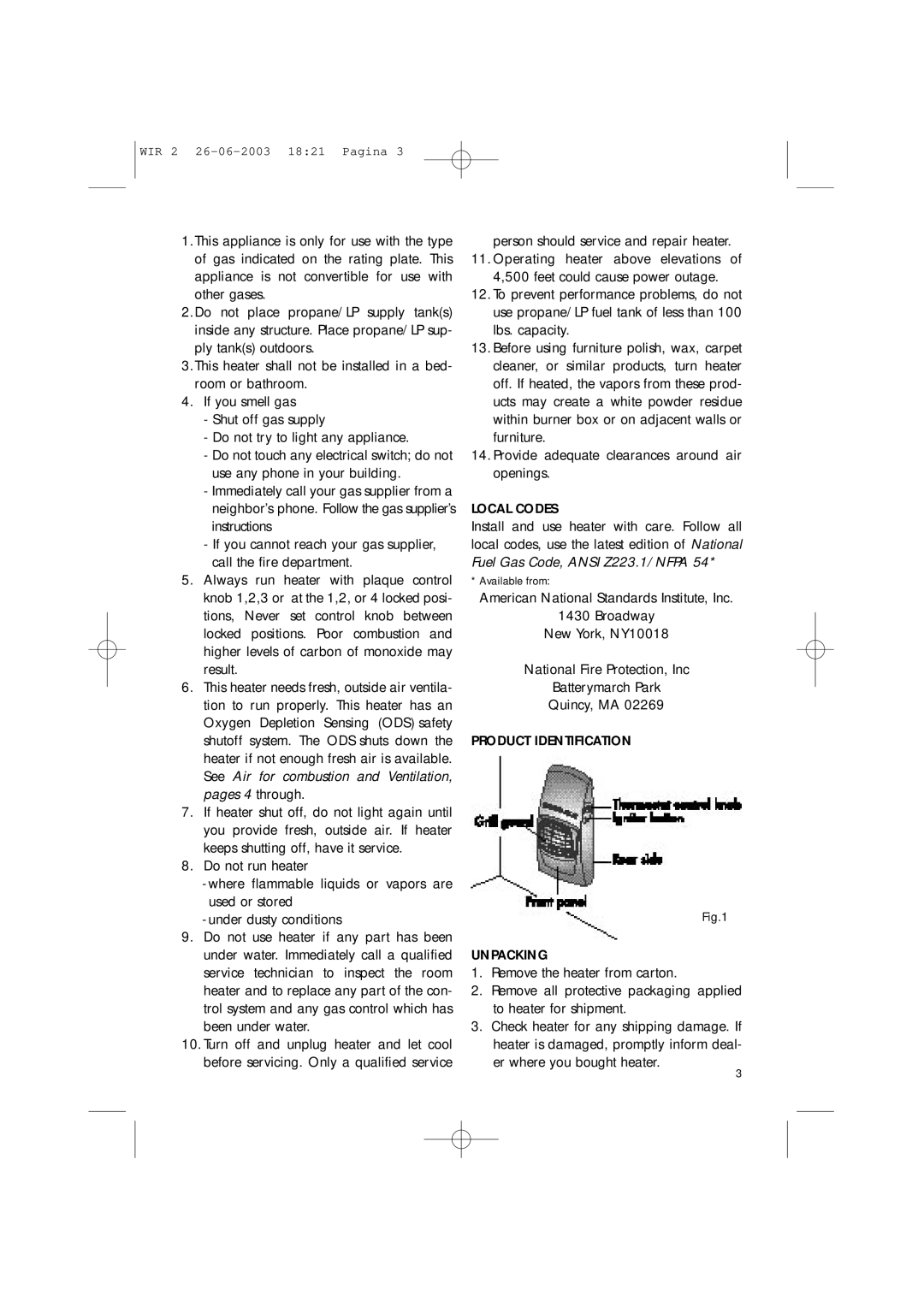 DeLonghi WIR2, WIR1 manual Local Codes, Product Identification Unpacking 