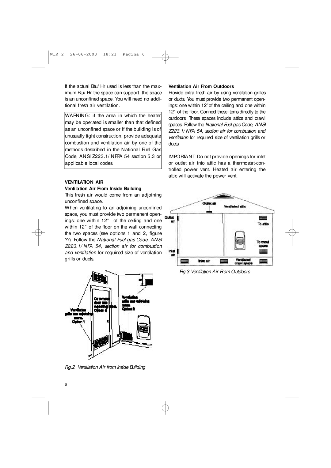 DeLonghi WIR1, WIR2 manual Ventilation AIR, Ventilation Air From Outdoors 