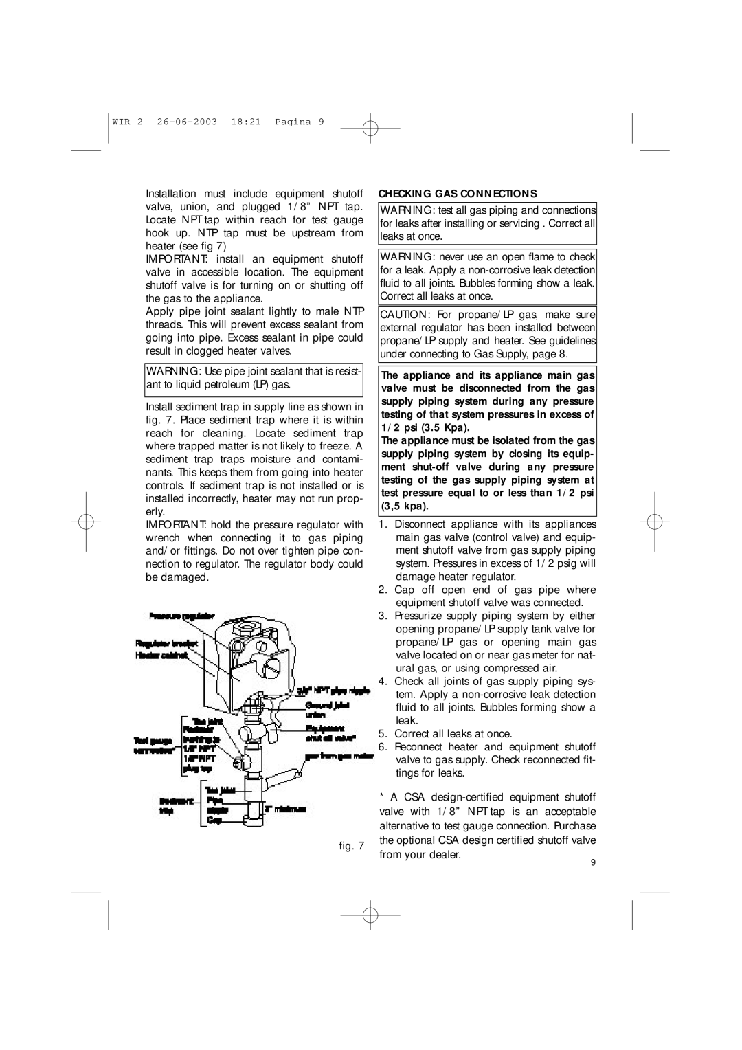 DeLonghi WIR2, WIR1 manual Checking GAS Connections 