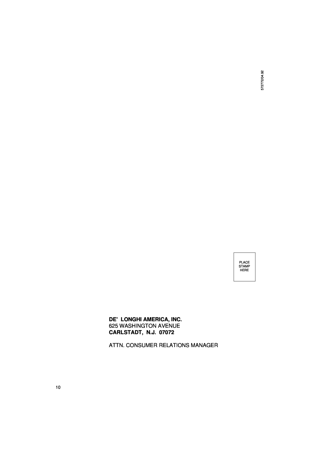 DeLonghi XU15C manual De Longhi America, Inc, Washington Avenue, Carlstadt, N.J, Attn. Consumer Relations Manager 