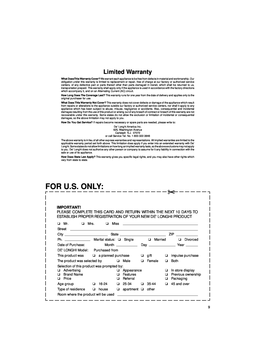 DeLonghi XU15C manual For U.S. Only, Limited Warranty 