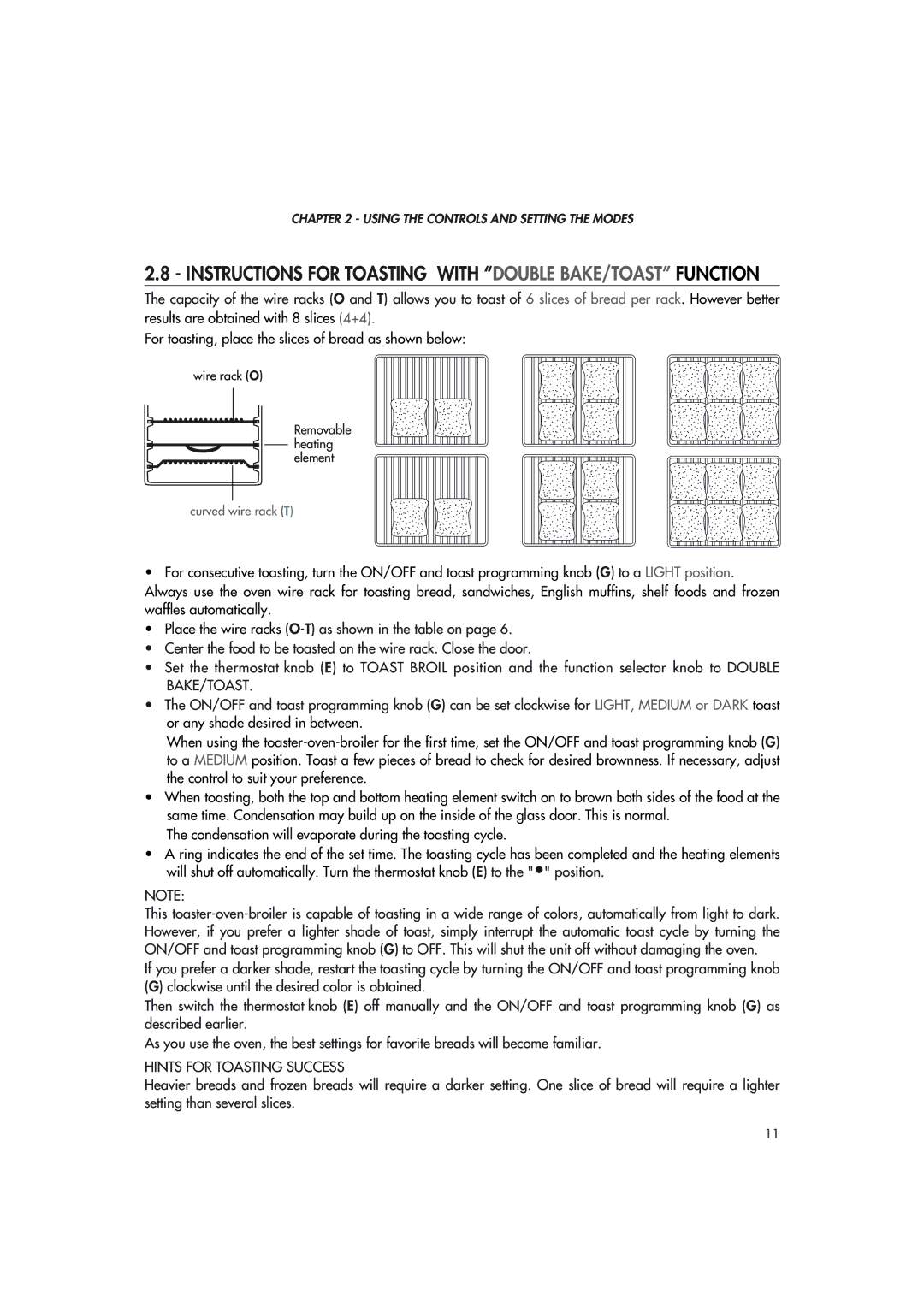 DeLonghi xu1837w manual Instructions for Toasting with Double BAKE/TOAST Function, Hints for Toasting Success 