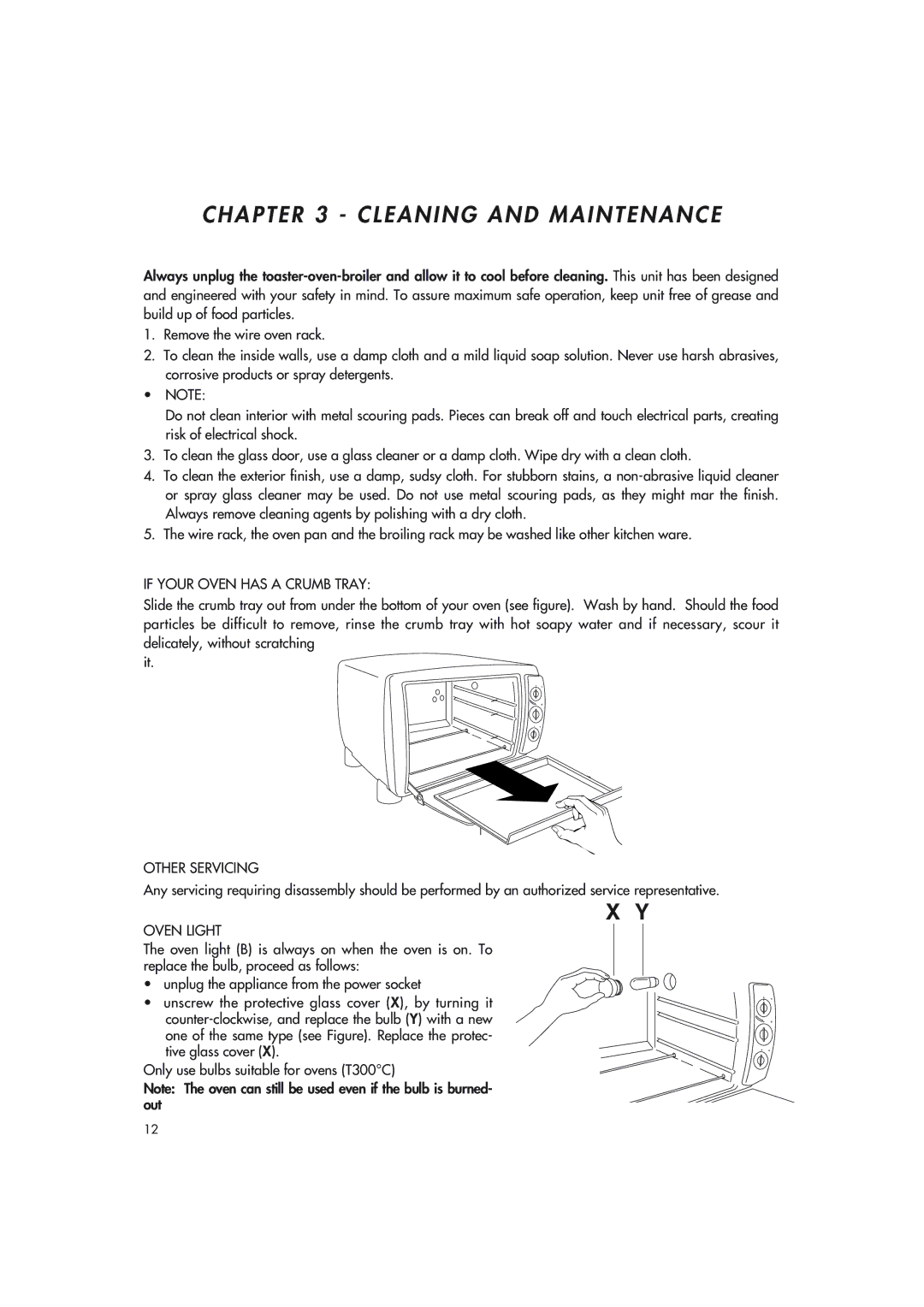 DeLonghi xu1837w manual Cleaning and Maintenance, If Your Oven has a Crumb Tray, Other Servicing, Oven Light 