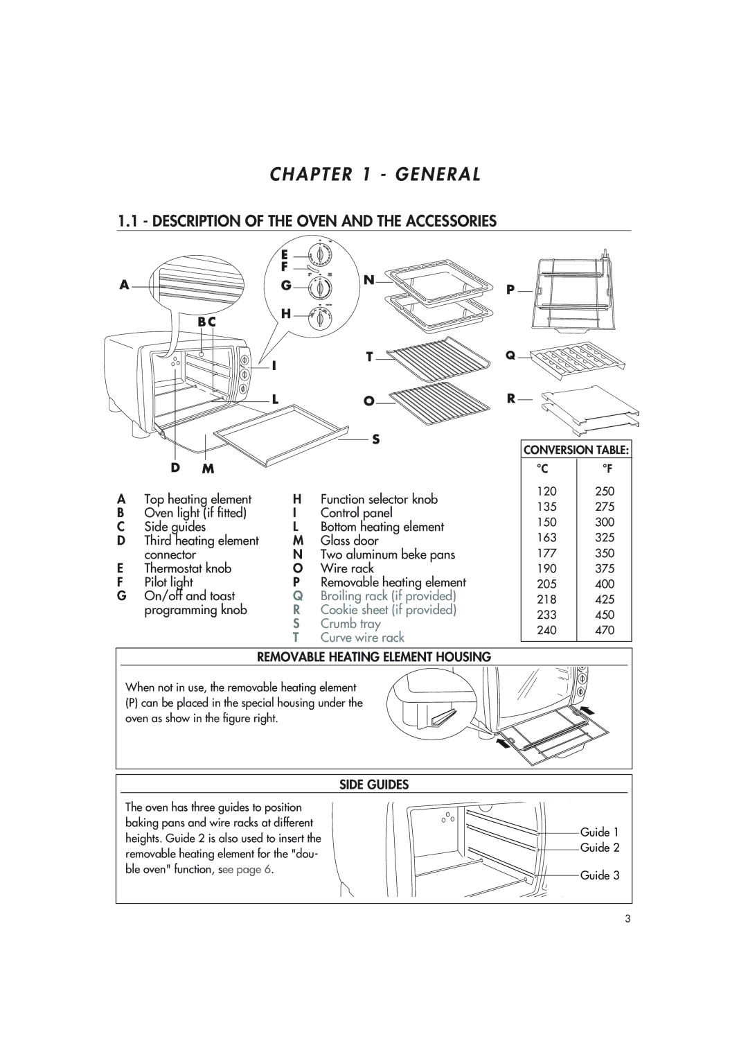 DeLonghi xu1837w manual General, Description of the Oven and the Accessories, Conversion Table 