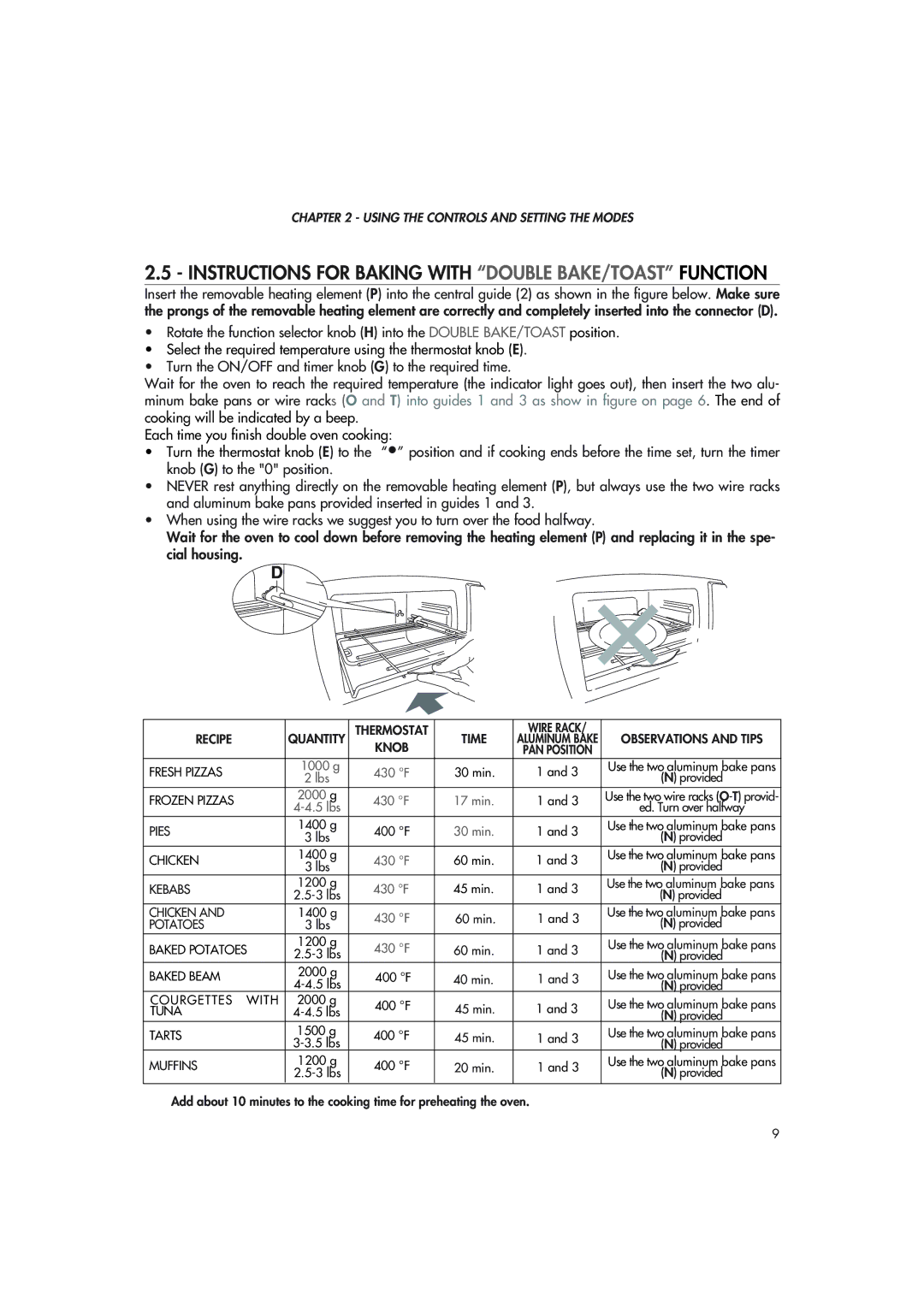 DeLonghi xu1837w manual Instructions for Baking with Double BAKE/TOAST Function, Muffins 