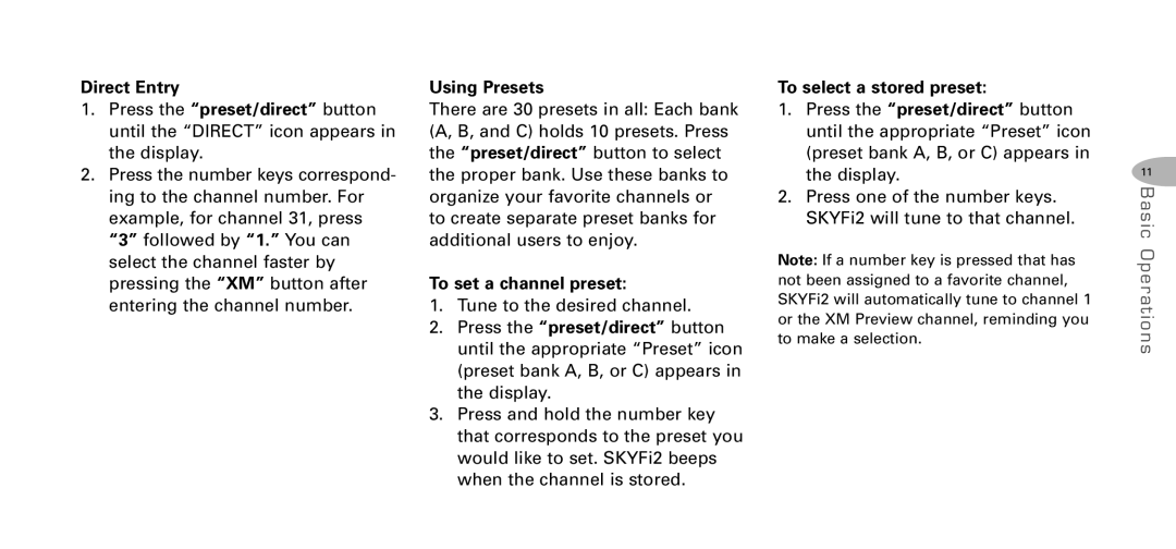 Delphi DPSS-04-E-064 manual Direct Entry, Using Presets, To set a channel preset, To select a stored preset 