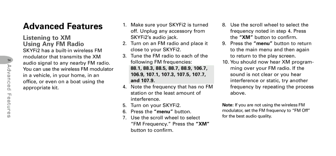 Delphi DPSS-04-E-064 manual Advanced Features, Listening to XM Using Any FM Radio 