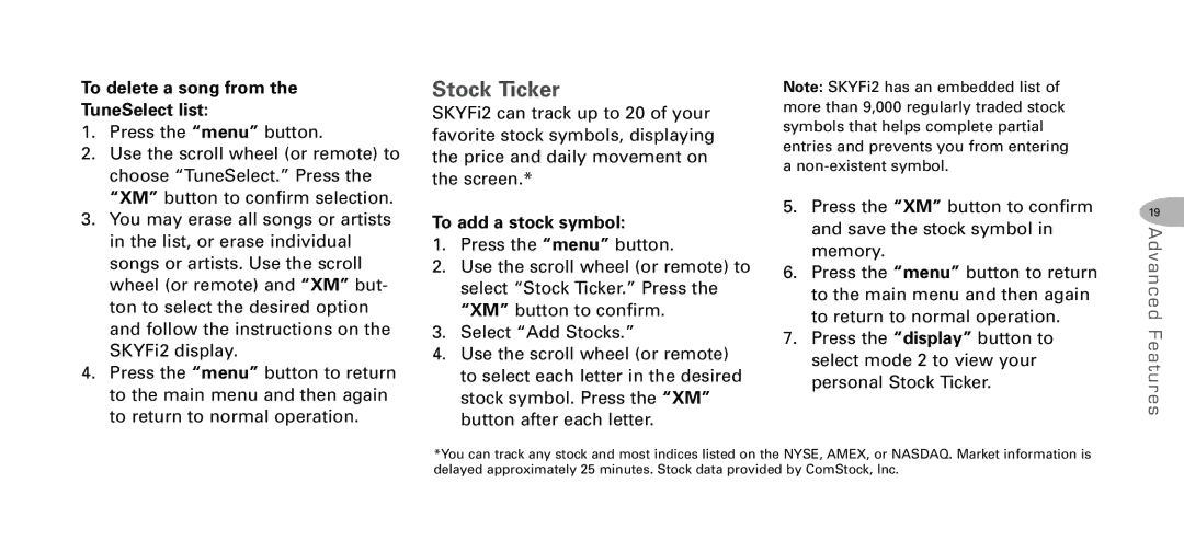 Delphi DPSS-04-E-064 manual Stock Ticker, To delete a song from TuneSelect list, To add a stock symbol 