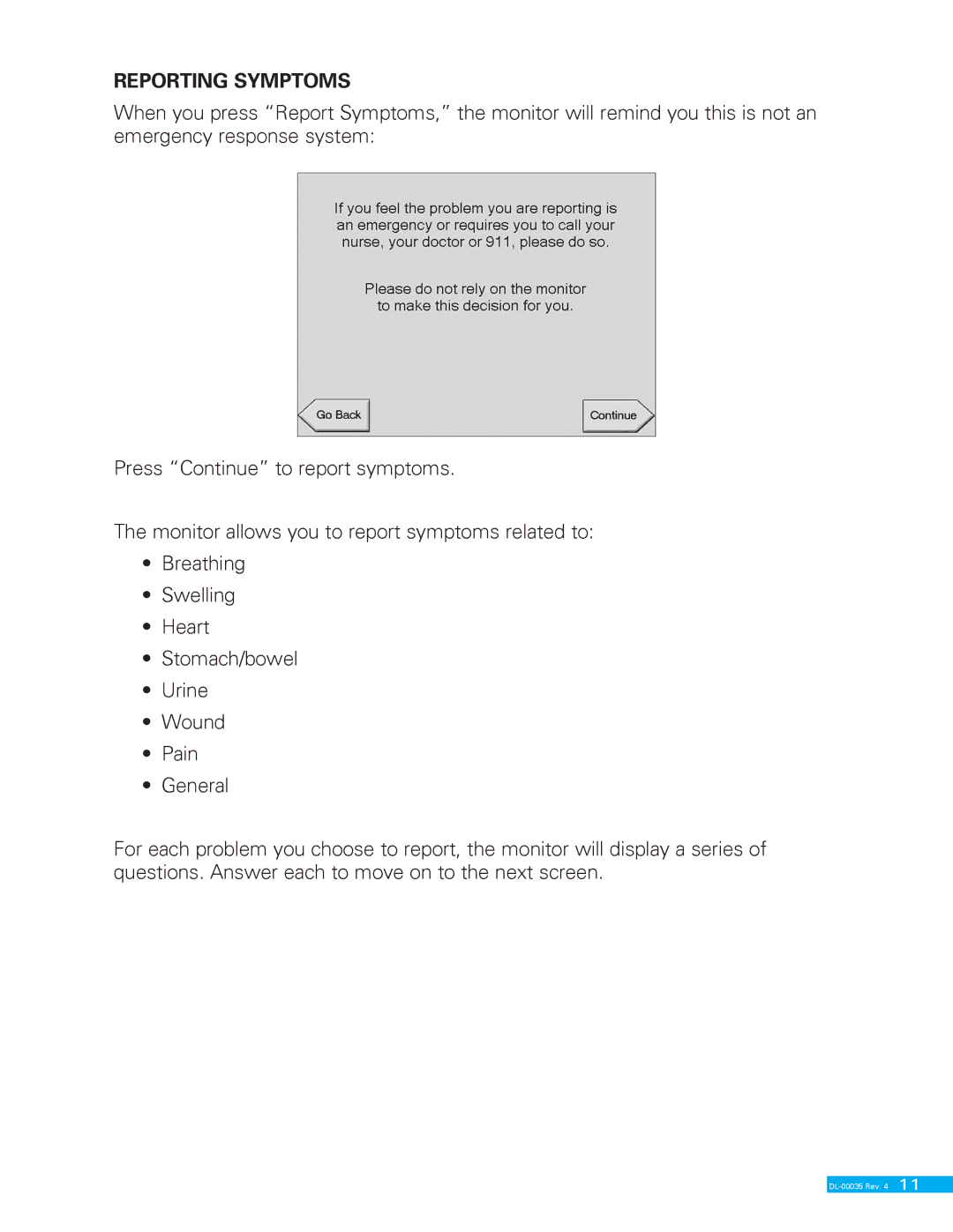 Delphi II DL-00035 manual Reporting Symptoms 