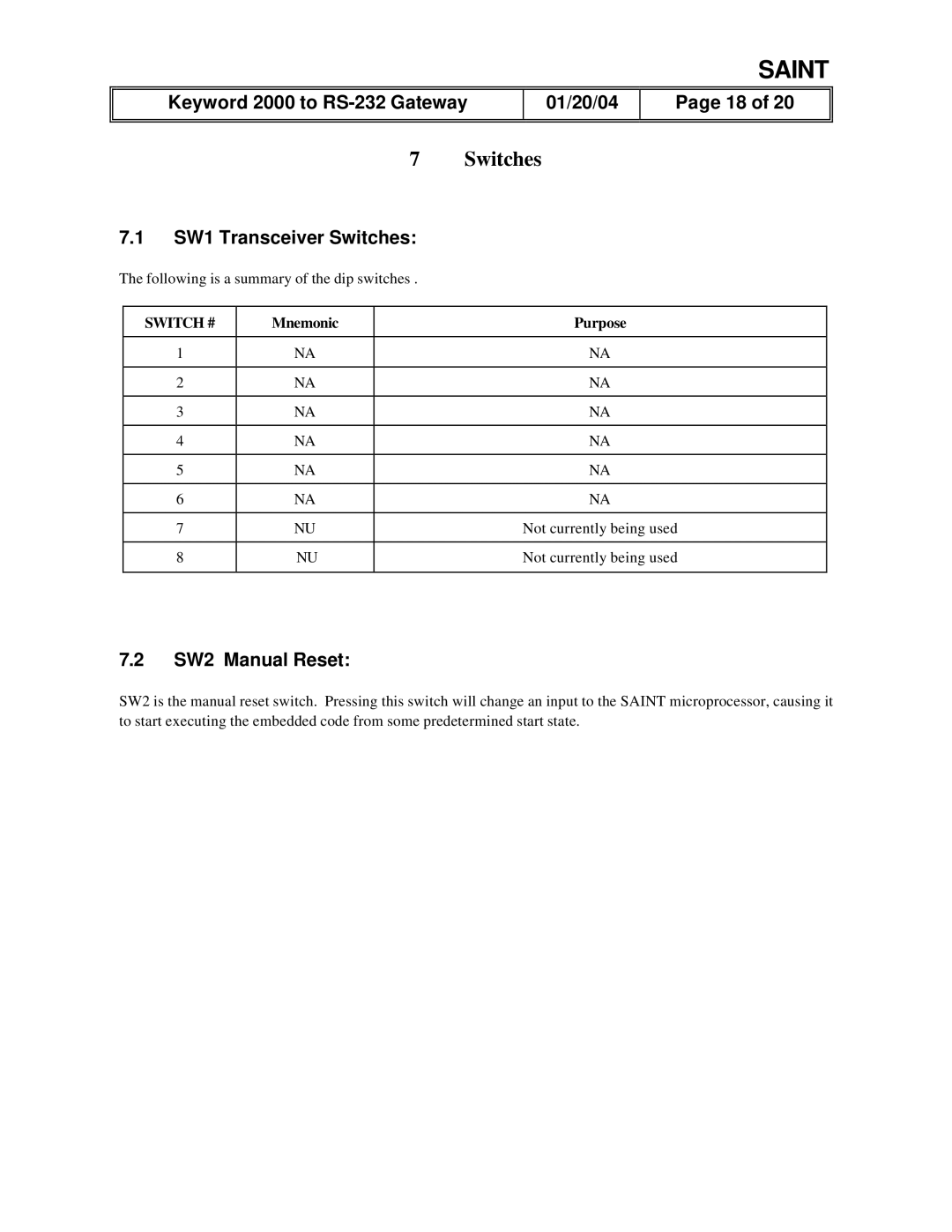 Delphi Gateway Systems Analysis INterface Tool (SAINT), RS-232 manual Switches, Mnemonic Purpose 