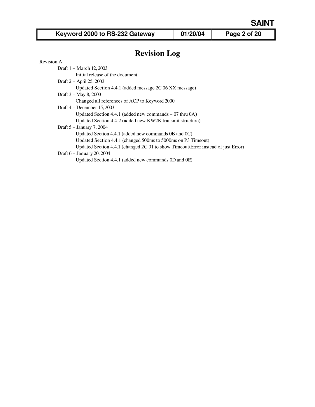 Delphi Gateway Systems Analysis INterface Tool (SAINT), RS-232 manual Revision Log 