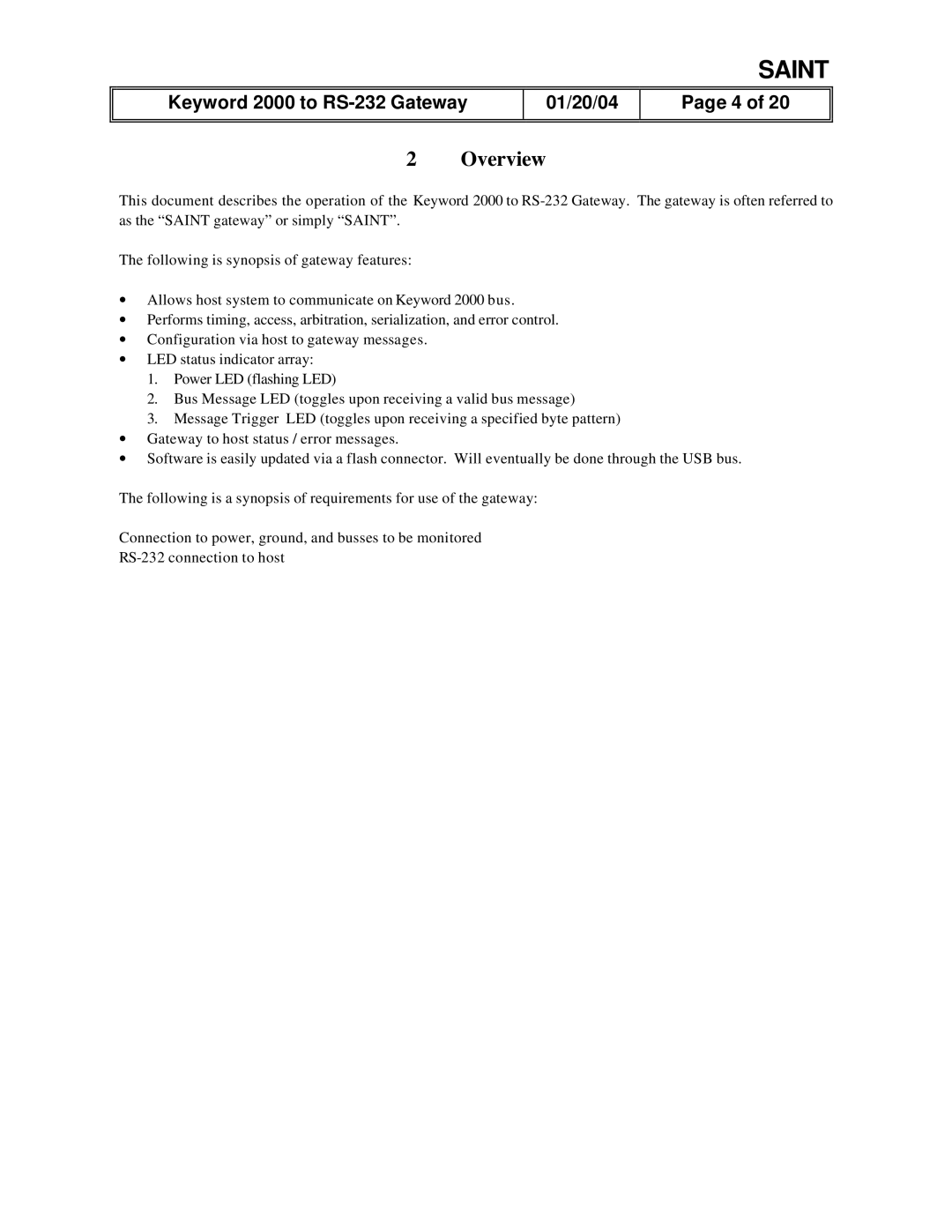 Delphi Gateway Systems Analysis INterface Tool (SAINT), RS-232 manual Overview 