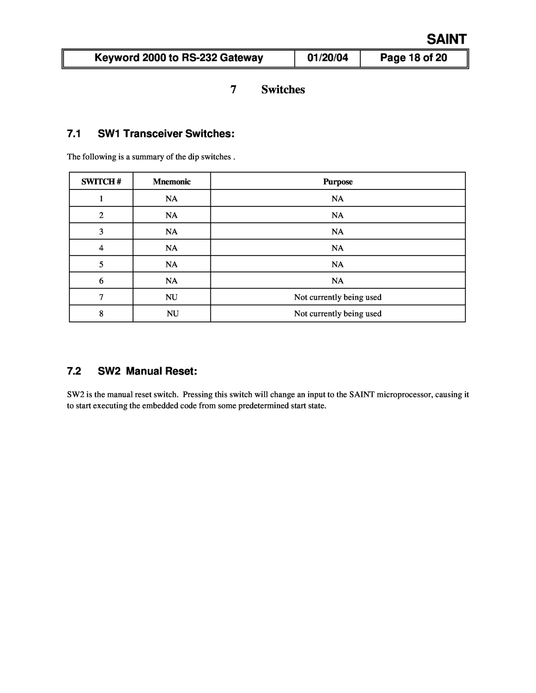 Delphi Gateway Systems Analysis INterface Tool (SAINT) 7Switches, Page 18 of, 7.1SW1 Transceiver Switches, Saint, 01/20/04 