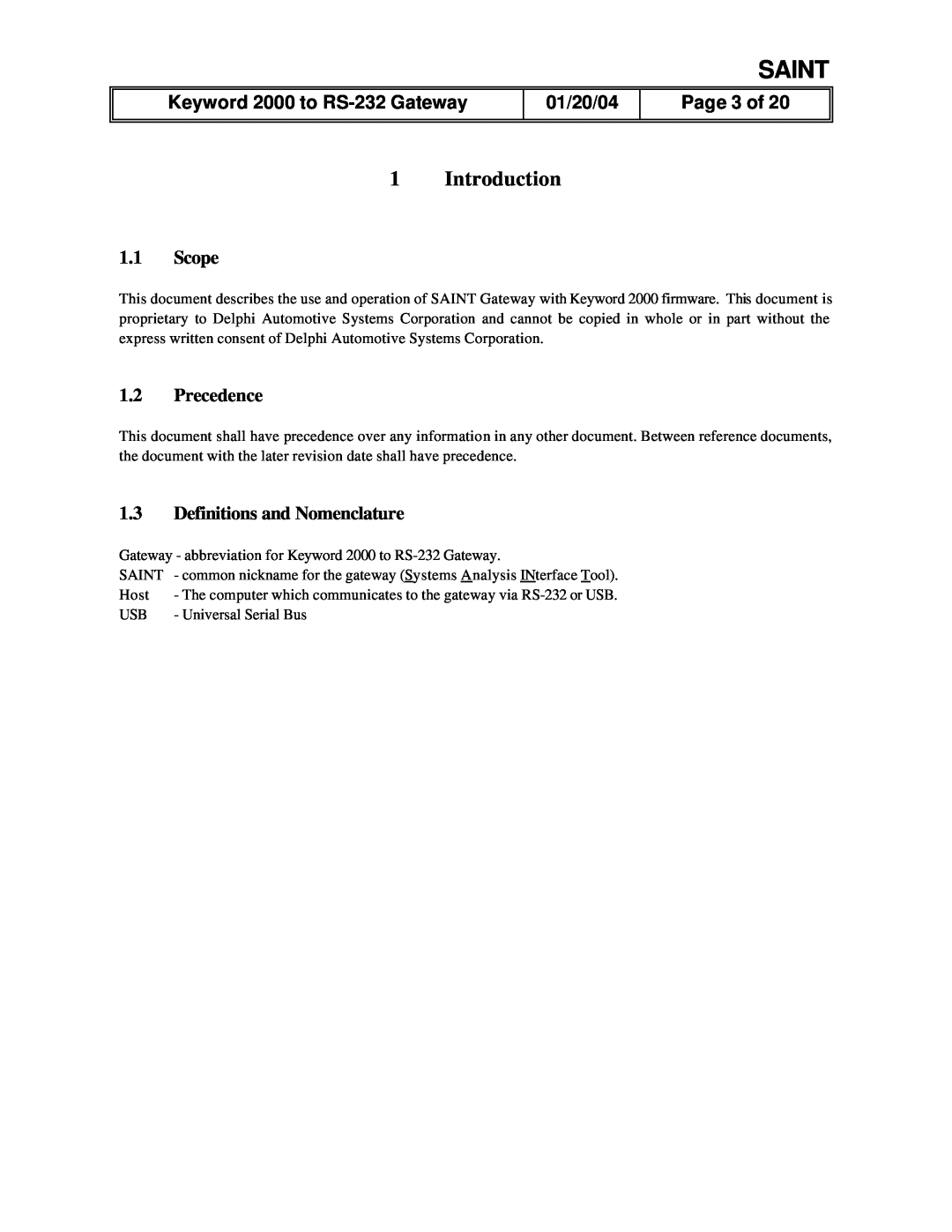 Delphi RS-232 manual Introduction, Page 3 of, 1.1Scope, 1.2Precedence, 1.3Definitions and Nomenclature, Saint, 01/20/04 
