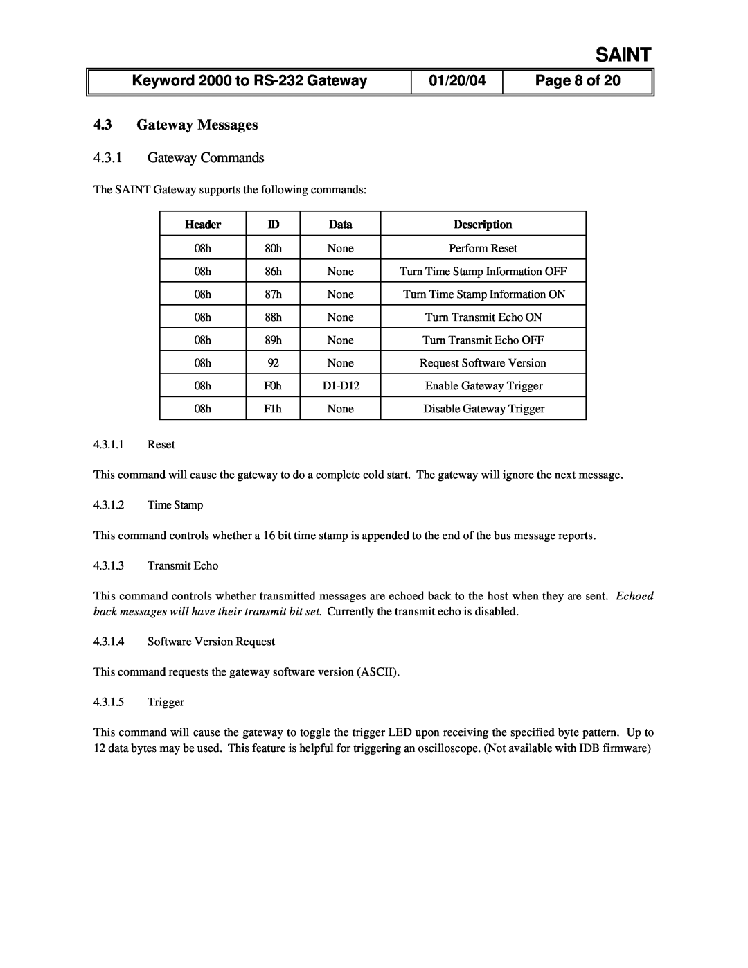 Delphi Gateway Systems Analysis INterface Tool (SAINT) manual Page 8 of, 4.3Gateway Messages, 4.3.1Gateway Commands, Saint 