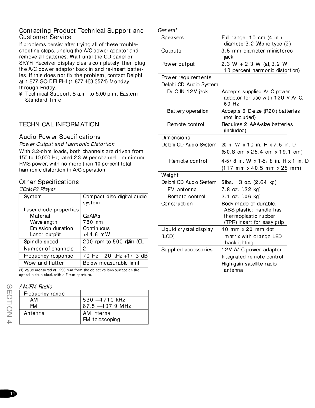 Delphi SA10034-11B1 Contacting Product Technical Support and Customer Service, Technical Information, Other Specifications 