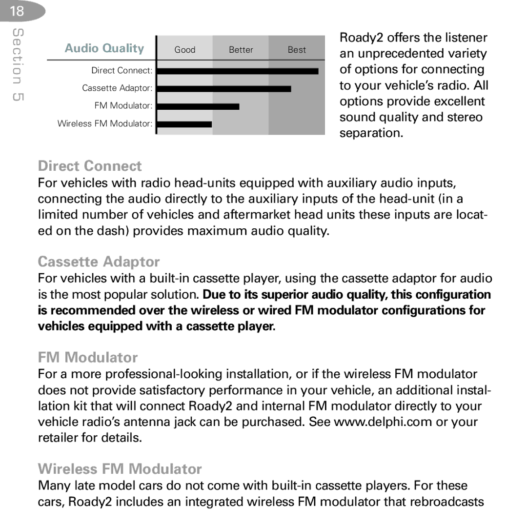 Delphi SA10085 manual Direct Connect, Cassette Adaptor, FM Modulator Wireless FM Modulator 