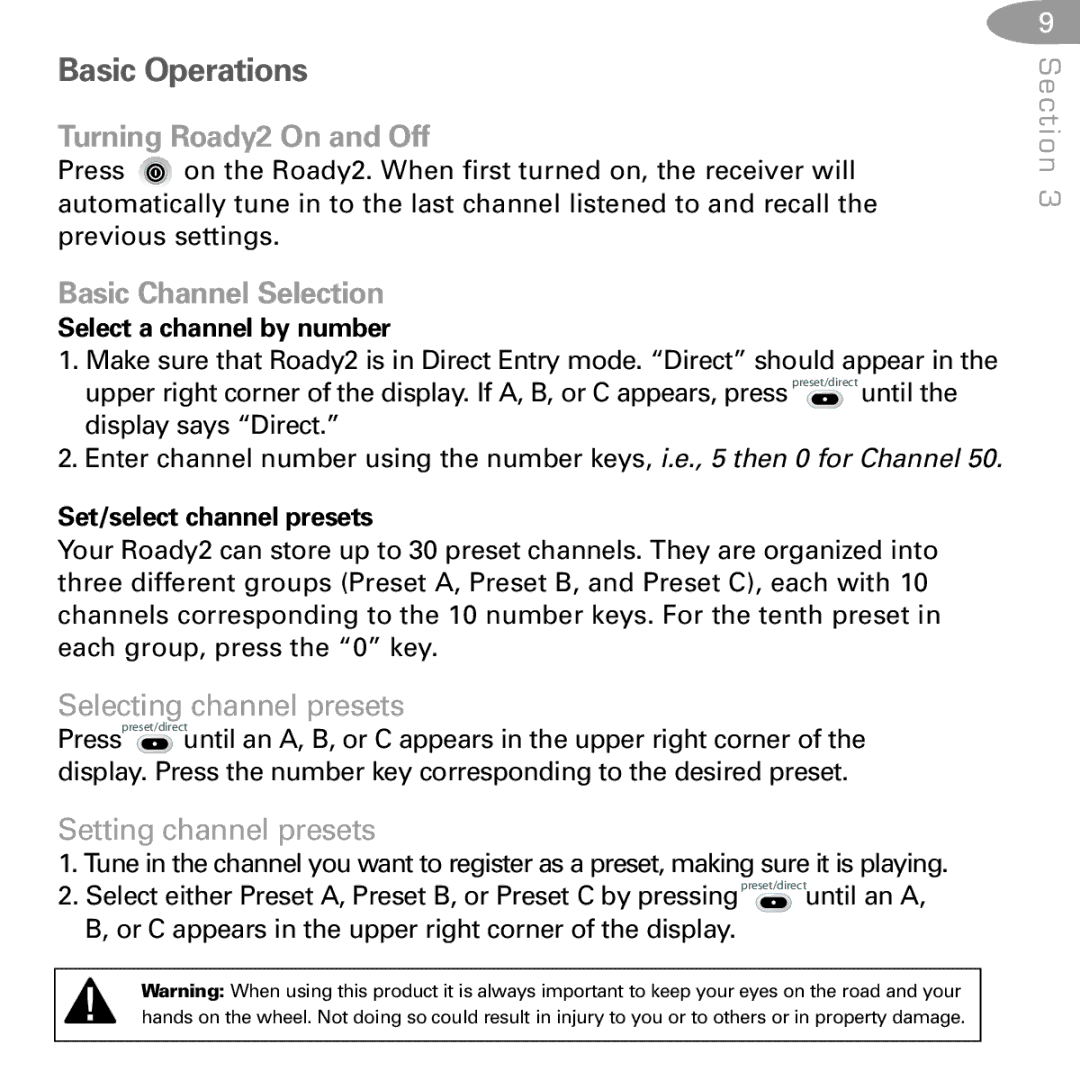 Delphi SA10085 manual Basic Operations, Turning Roady2 On and Off, Basic Channel Selection 