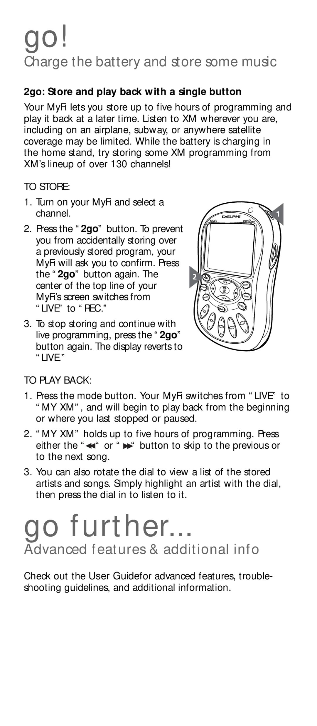 Delphi SA10113 manual Go further, Charge the battery and store some music, Advanced features & additional info 